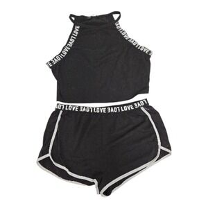 SHEIN Black LOVE Graphic Crop Top & Dolphin Shorts Set Women Size L